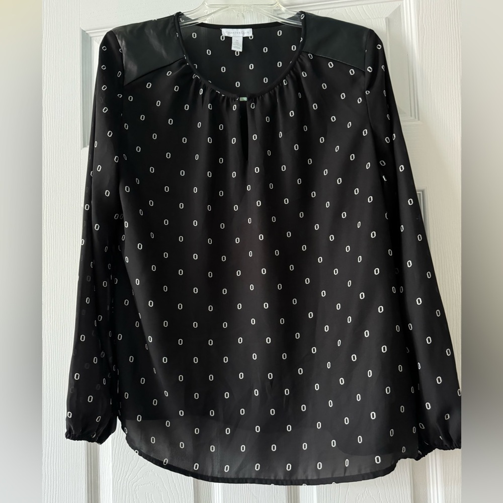 Charter Club Women’s M Black and White Blouse with Leather Shoulder Accents